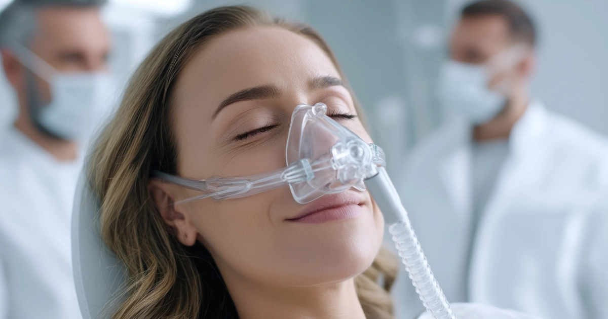 A smiling woman undergoes Bio-Energy Testing in Denver, CO, wearing an oxygen mask in a medical chair with two masked professionals blurred behind her.